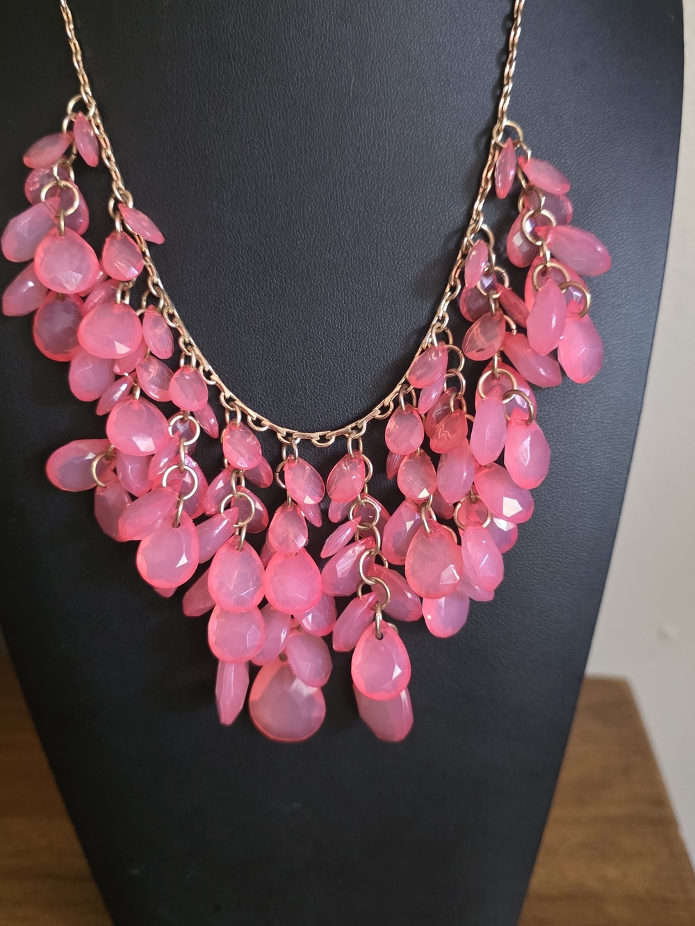 Women's Pink Statement Bib Necklace - Elegant Drop Cluster Design, Flirty.